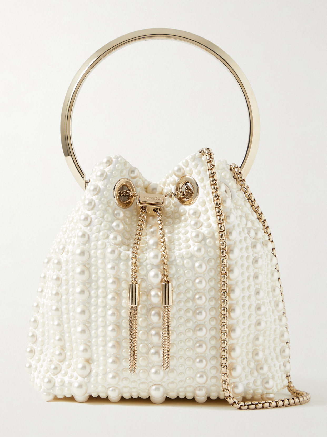 Jimmy Choo Bon Bon Faux Pearl-embellished Satin Bucket Bag In White