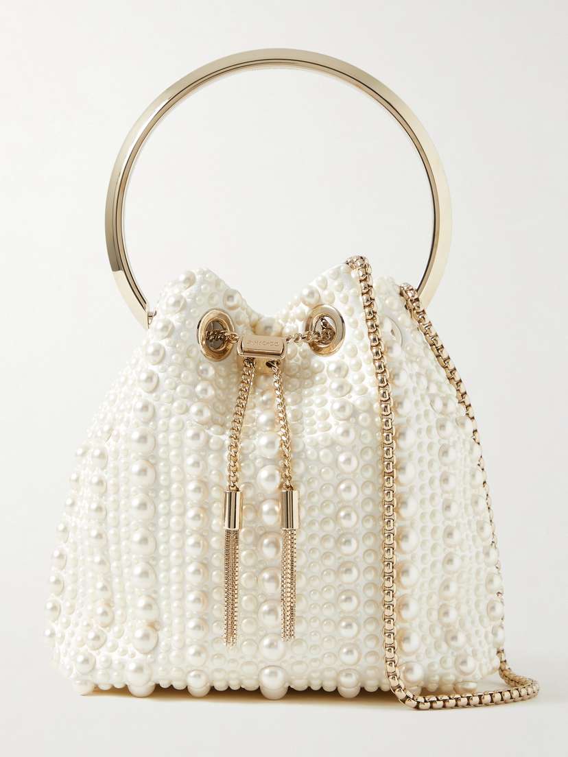 Jimmy Choo Bon Bon Faux Pearl-embellished Satin Bucket Bag