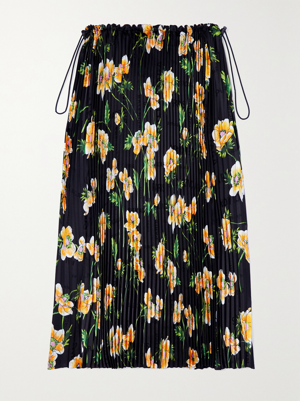 Shop Balenciaga Floral-print Plissé-satin Midi Skirt In Black