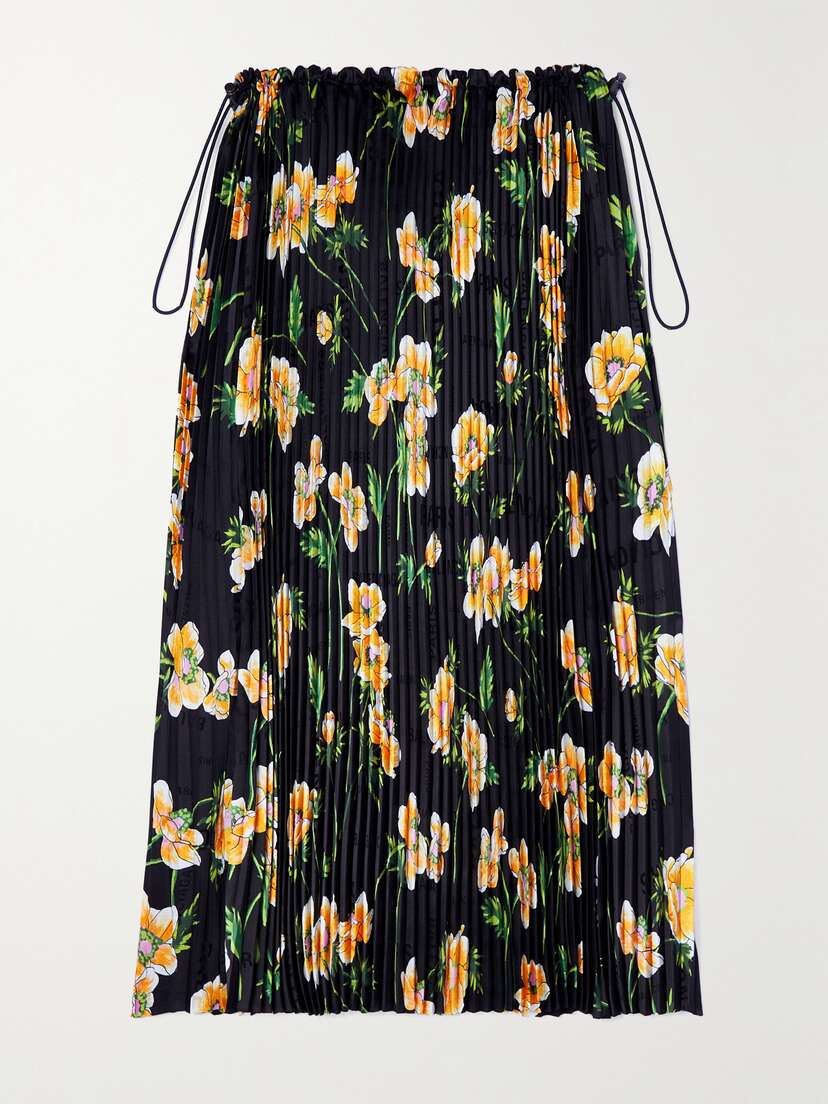 Balenciaga Floral-print Plissé-satin Midi Skirt