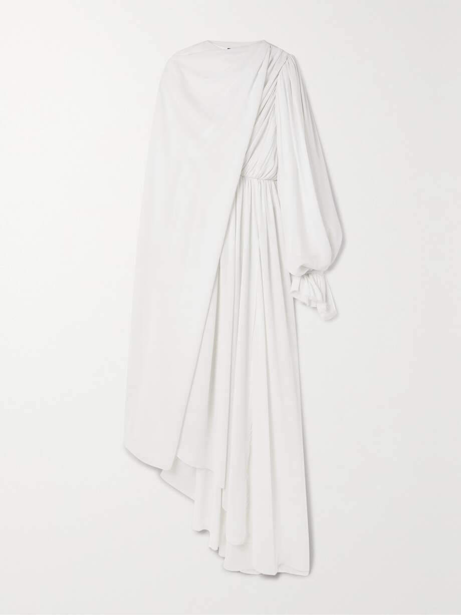 asymmetric draped cape-effect pleated crepe dress