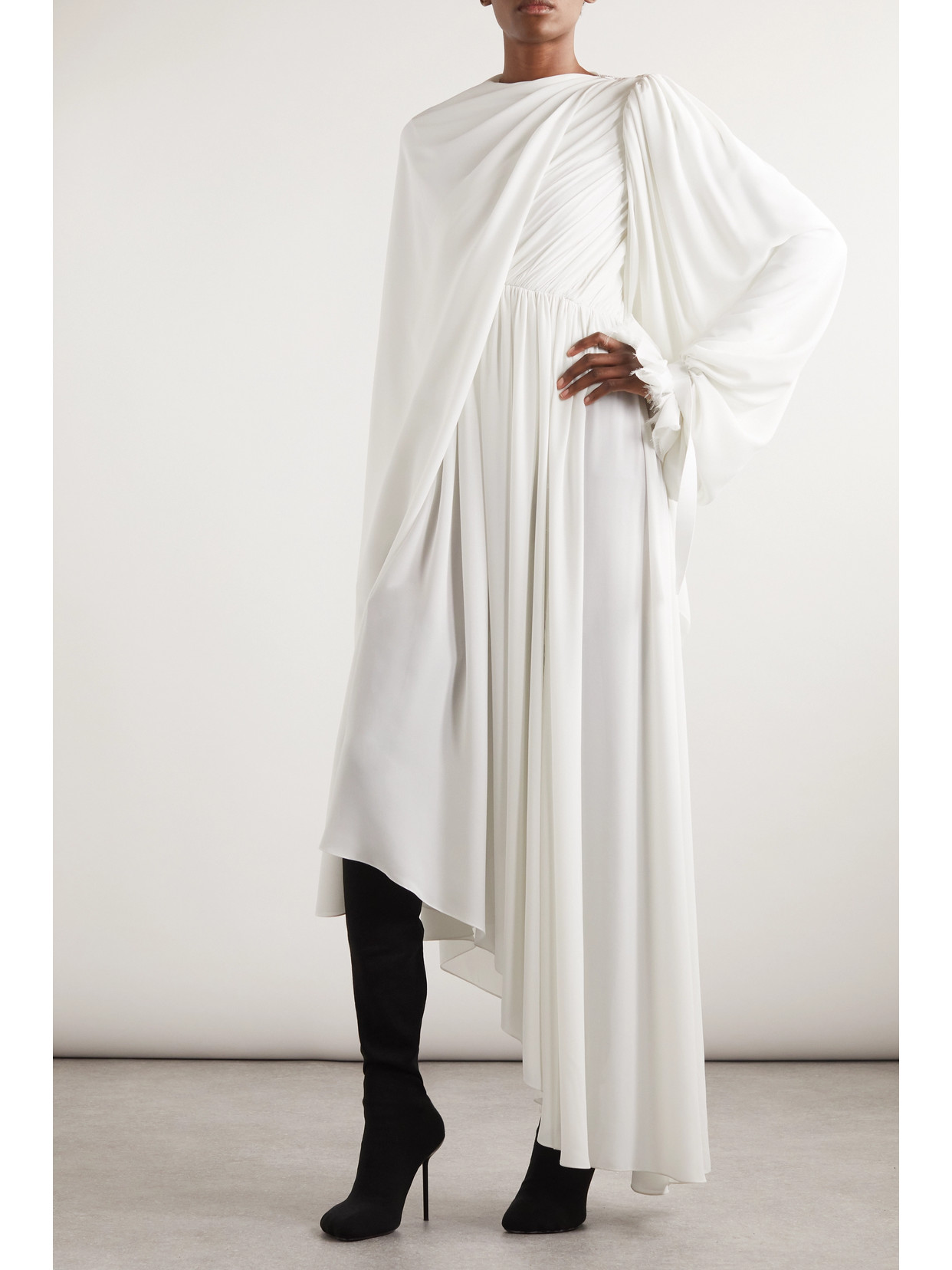 Shop Balenciaga Asymmetric Draped Cape-effect Pleated Crepe Dress In White