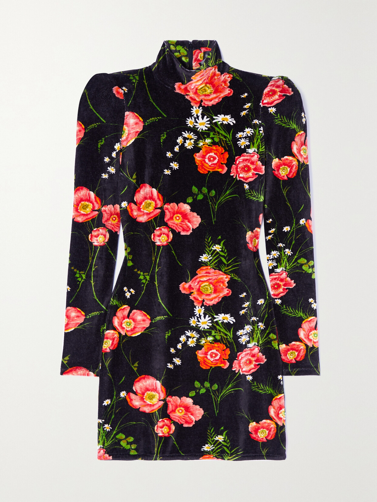 Balenciaga Floral-print Stretch-velvet Turtleneck Mini Dress In Black