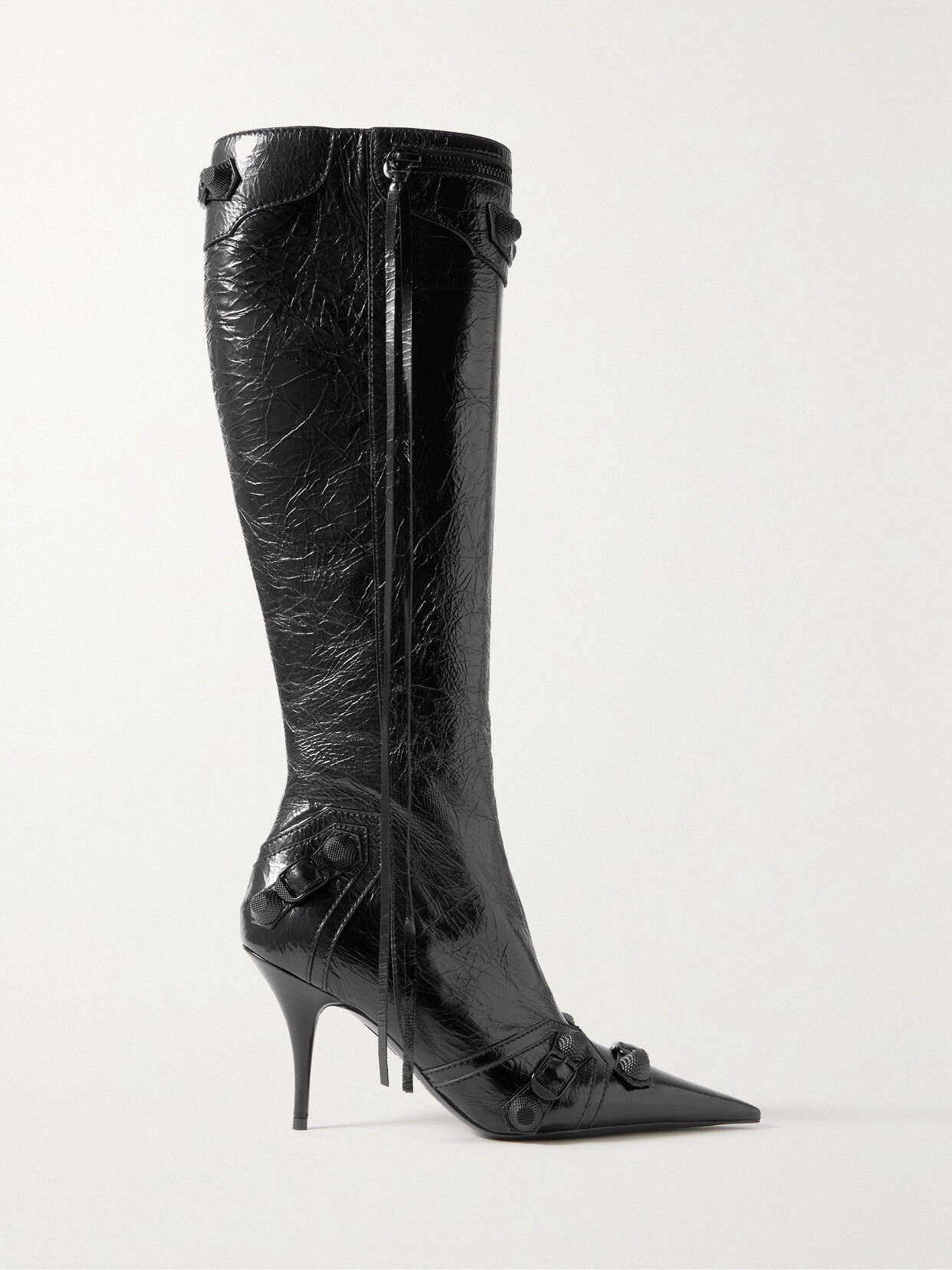 Balenciaga Le Cagole Studded Crinkled-leather Knee Boots In Black