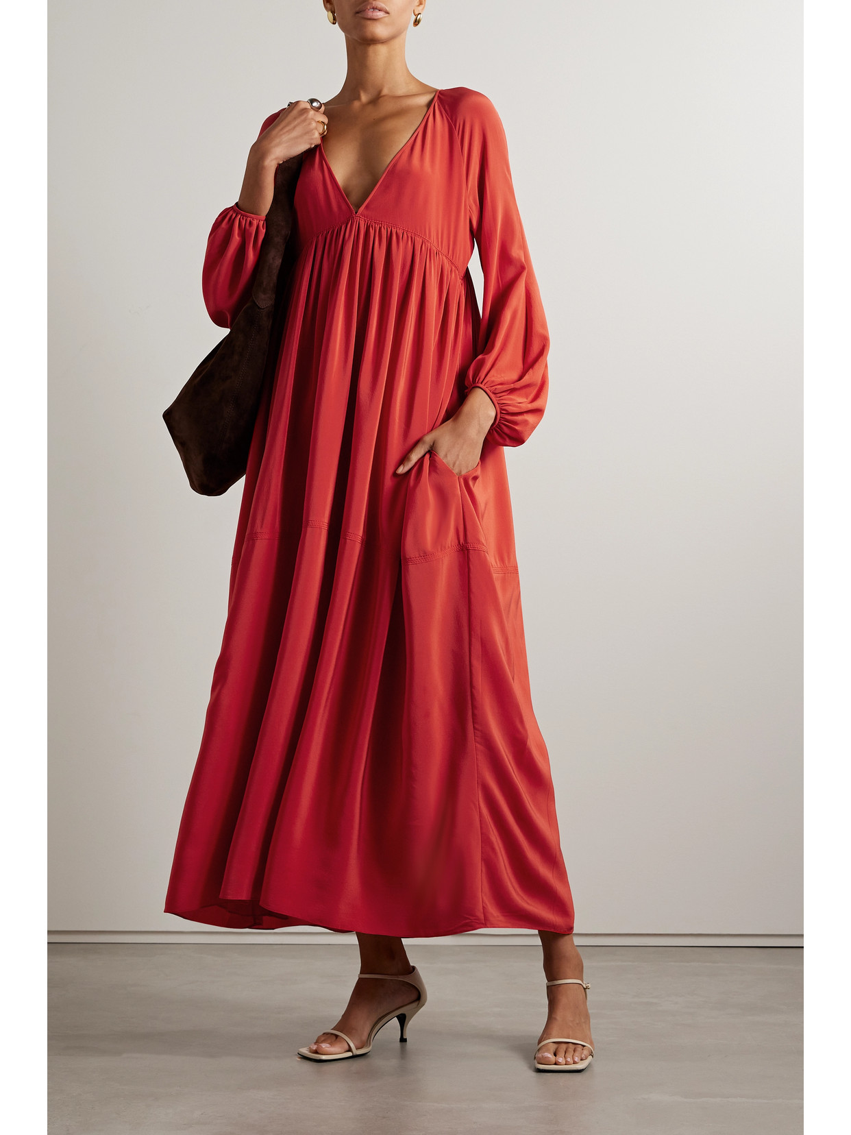 Shop Another Tomorrow Gathered Silk Crepe De Chine Maxi Dress In Red