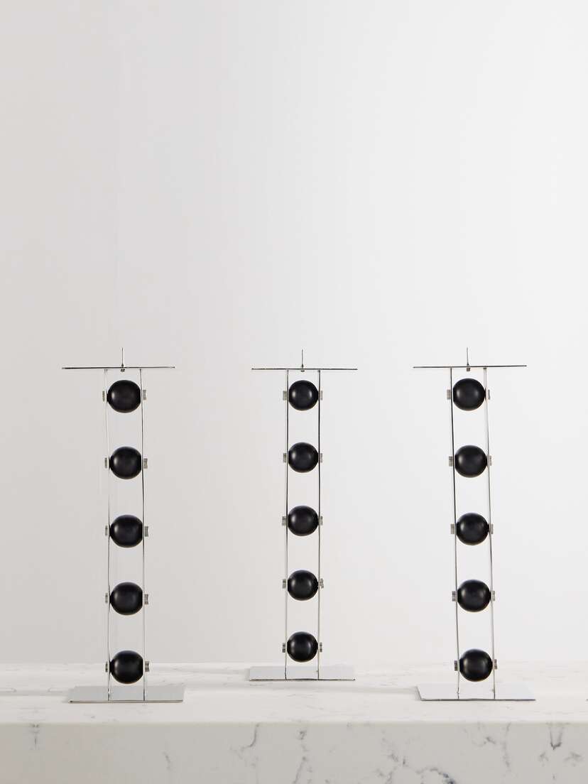 Fourth Street Set Of Three Iron And Steel Candlesticks