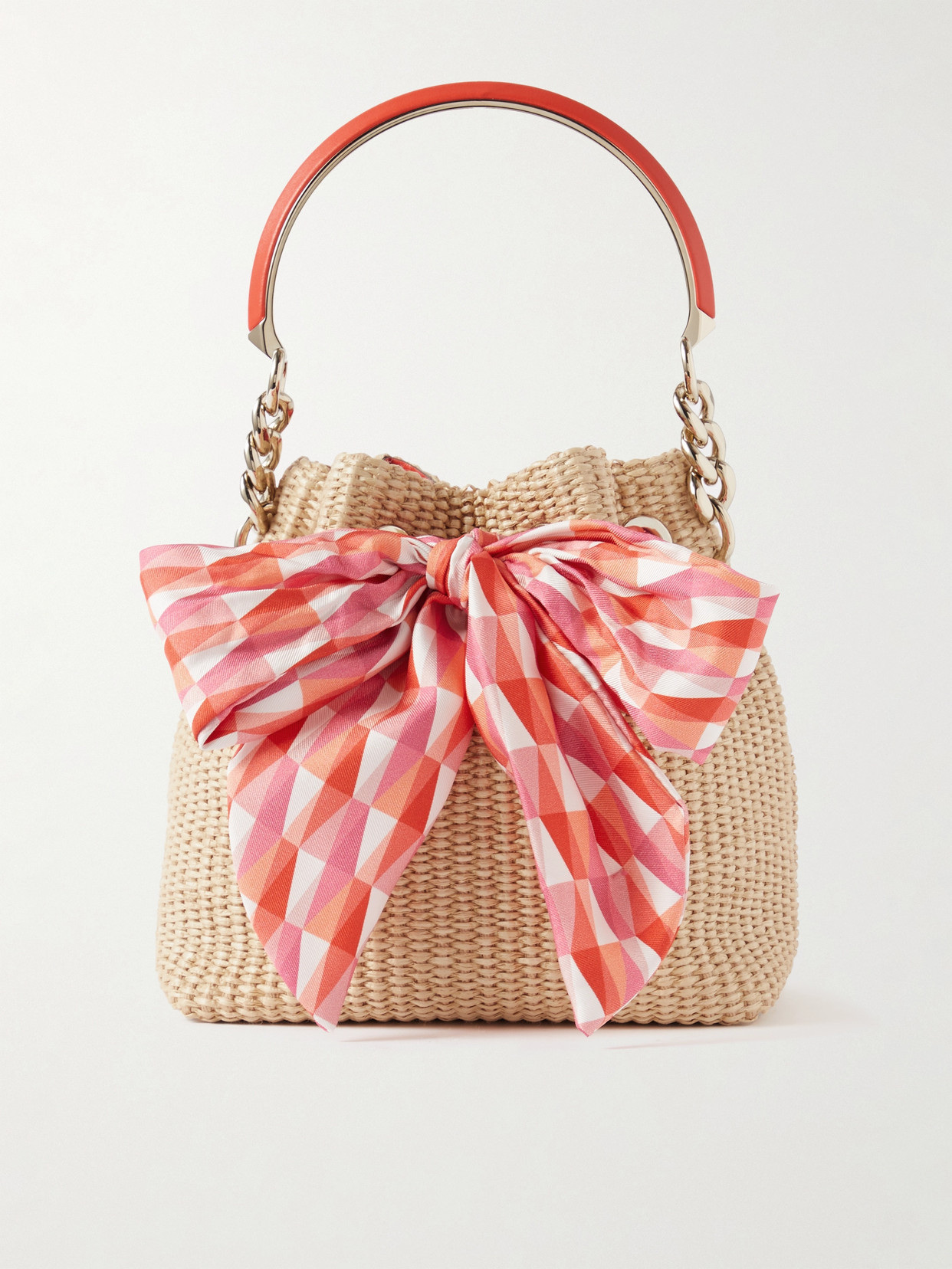 Shop Jimmy Choo Bon Bon Leather And Printed Satin Twill-trimmed Raffia Bucket Bag In Neutrals