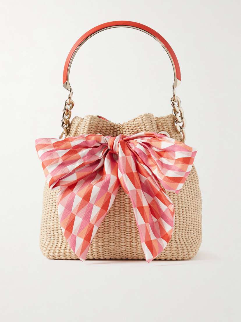 Jimmy Choo Bon Bon Leather And Printed Satin Twill-trimmed Raffia Bucket Bag