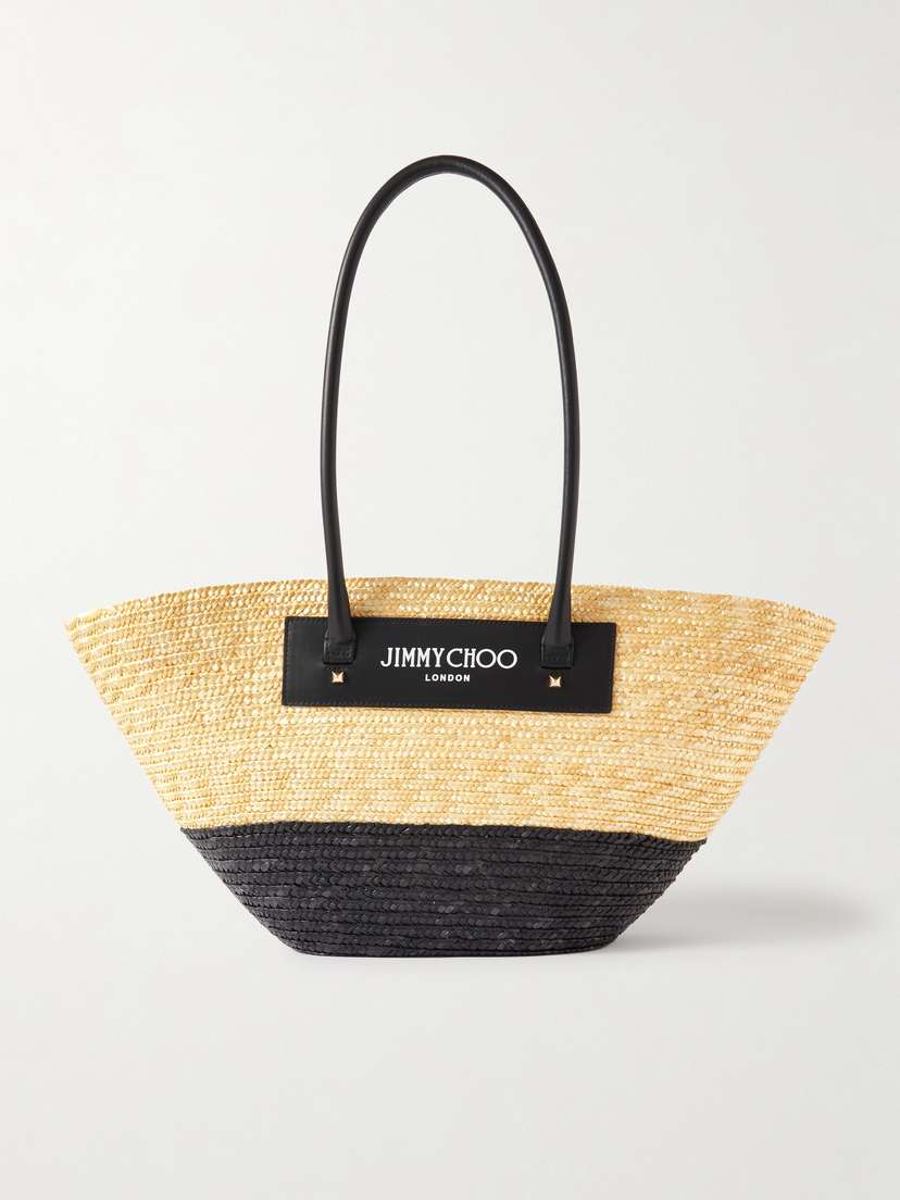 Jimmy Choo Avenue Medium Two-tone Leather-trimmed Raffia Tote