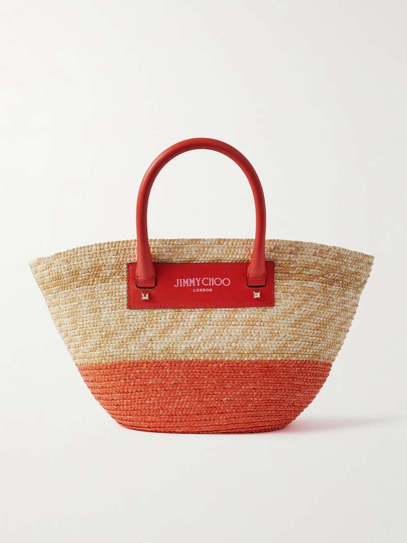 Jimmy Choo Avenue Small Leather-trimmed Two-tone Raffia Tote