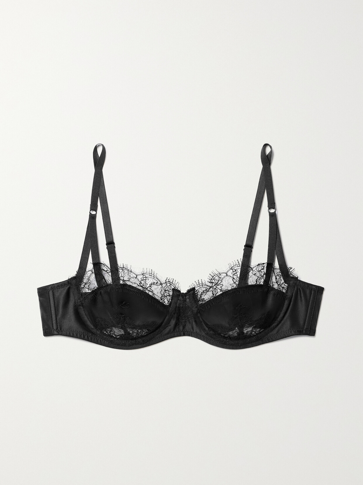 KIKI DE MONTPARNASSE LEAVERS LACE-TRIMMED SILK-BLEND SATIN UNDERWIRED SOFT-CUP BALCONETTE BRA