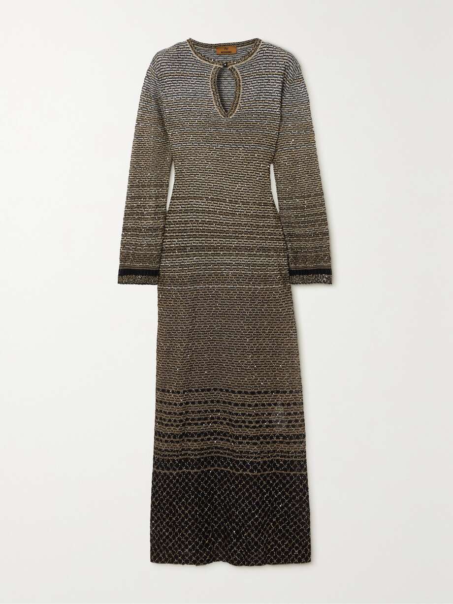sequined striped metallic crochet-knit maxi dress