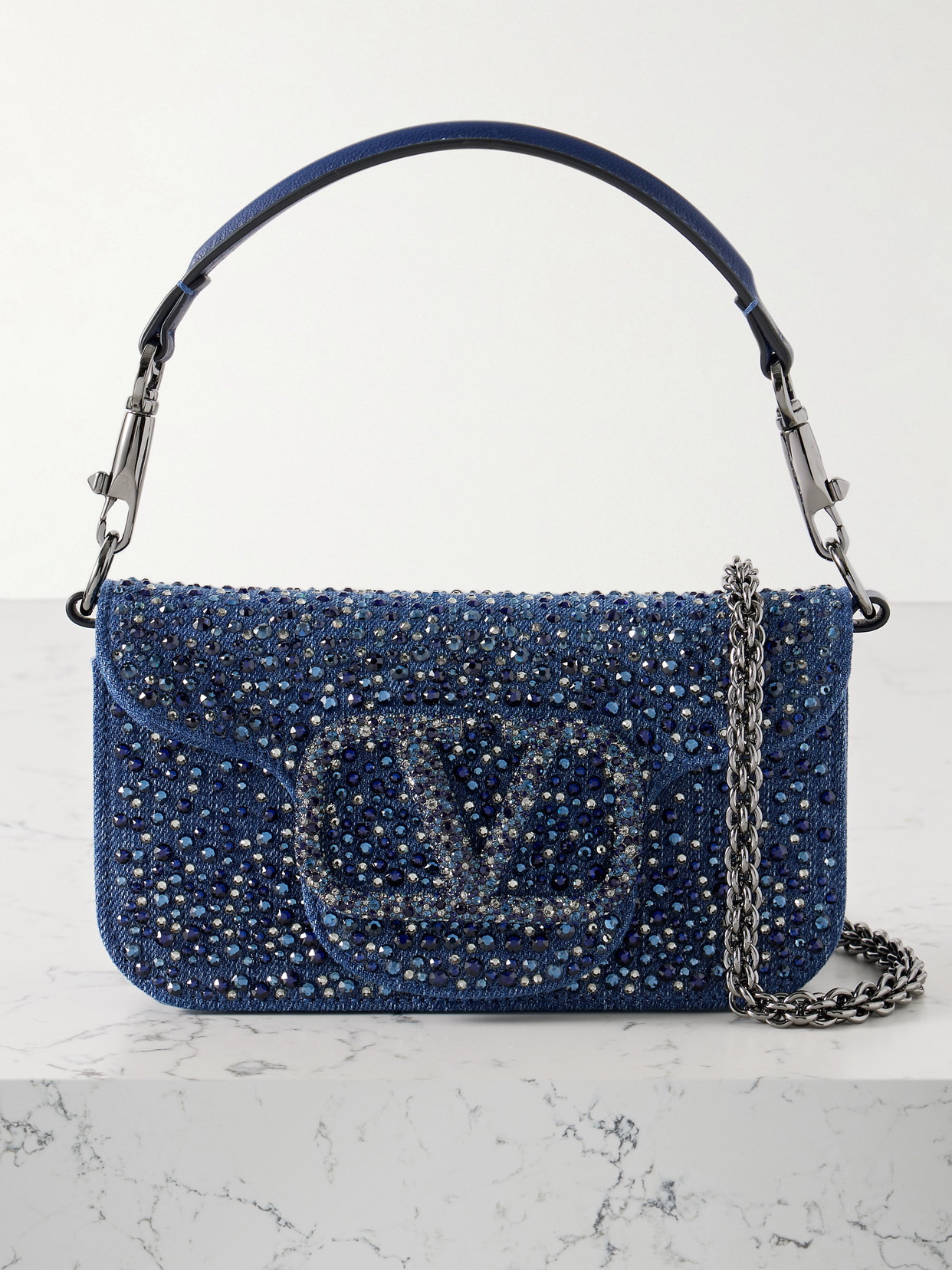 Valentino Garavani - Locò Small Leather-trimmed Crystal-embellished Denim Shoulder Bag - Blue