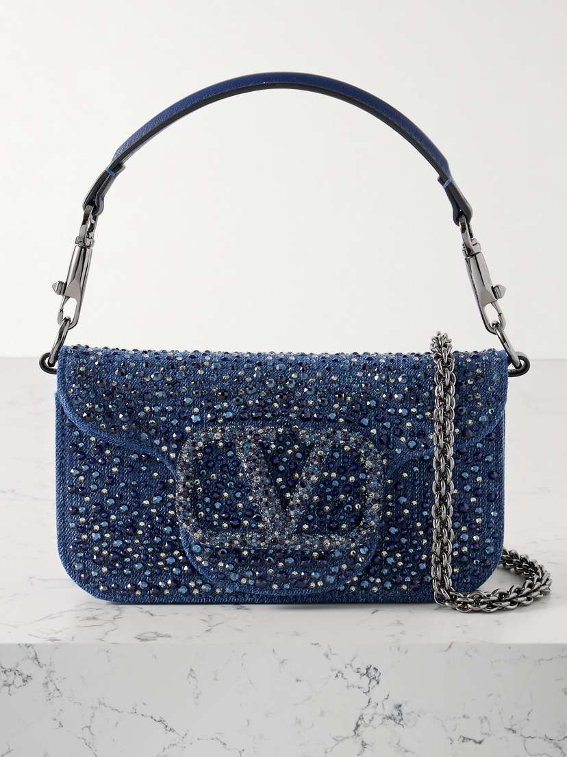 Valentino Garavani Locò Small Leather-trimmed Crystal-embellished Denim Shoulder Bag