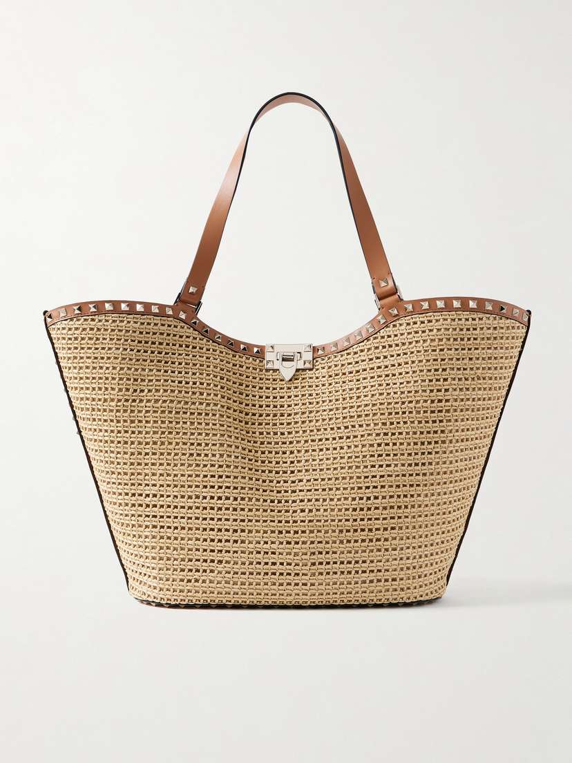 Valentino Garavani Rockstud Leather-trimmed Raffia Tote