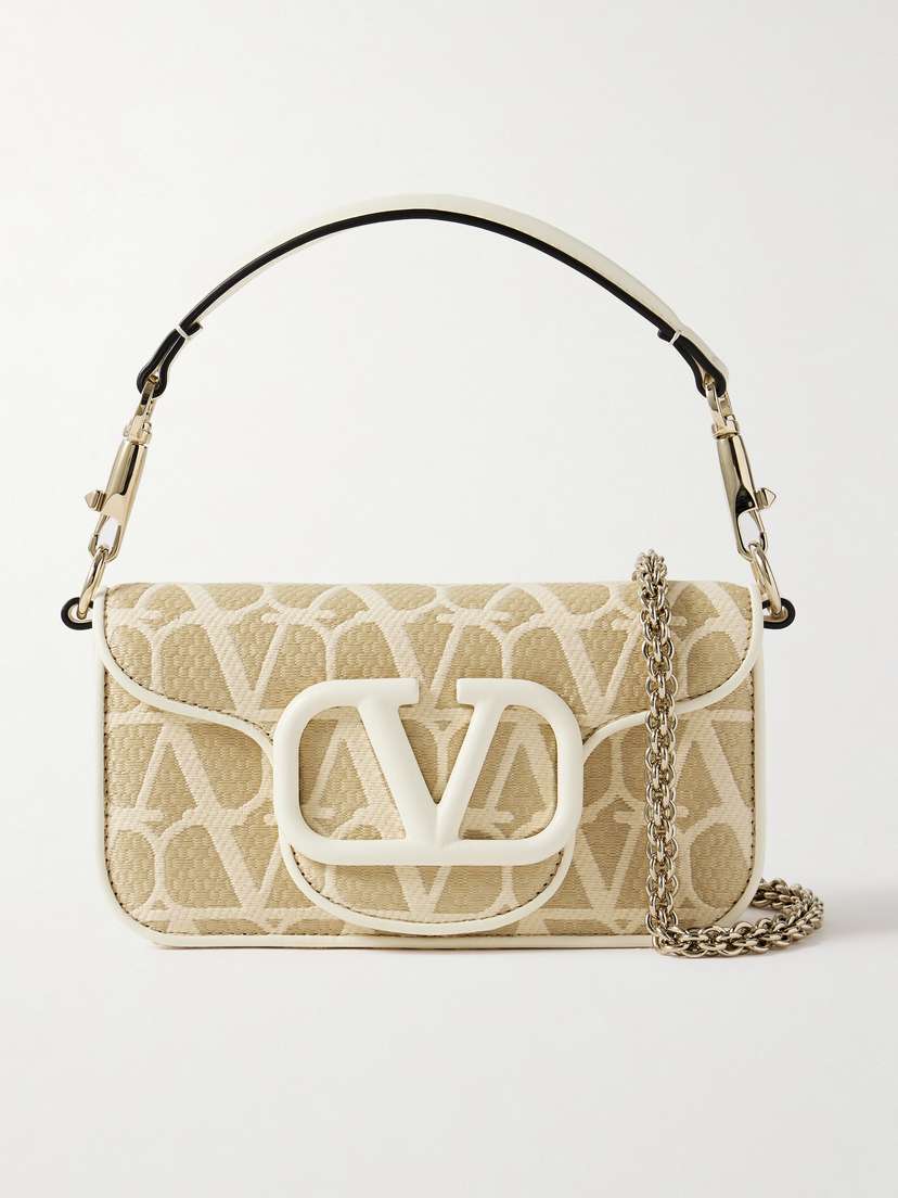 Valentino Garavani Locò Leather-trimmed Embroidered Raffia Shoulder Bag