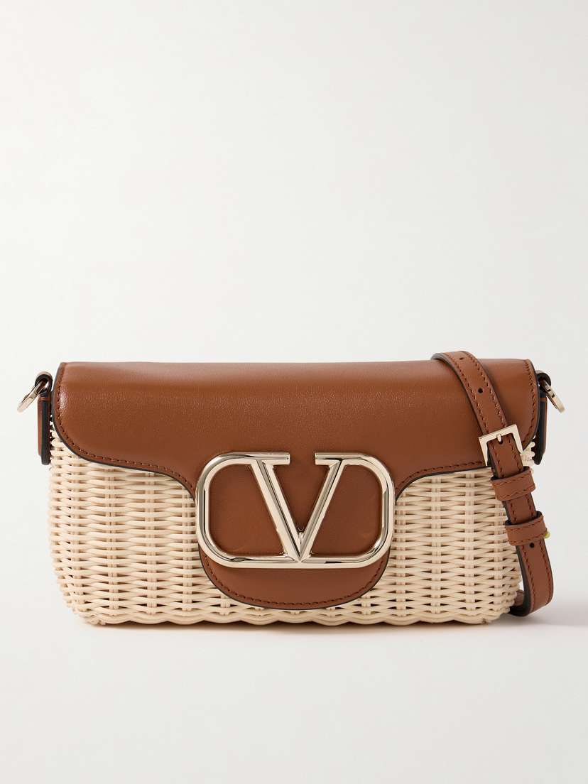Valentino Garavani Locò Embellished Leather-trimmed Raffia Shoulder Bag