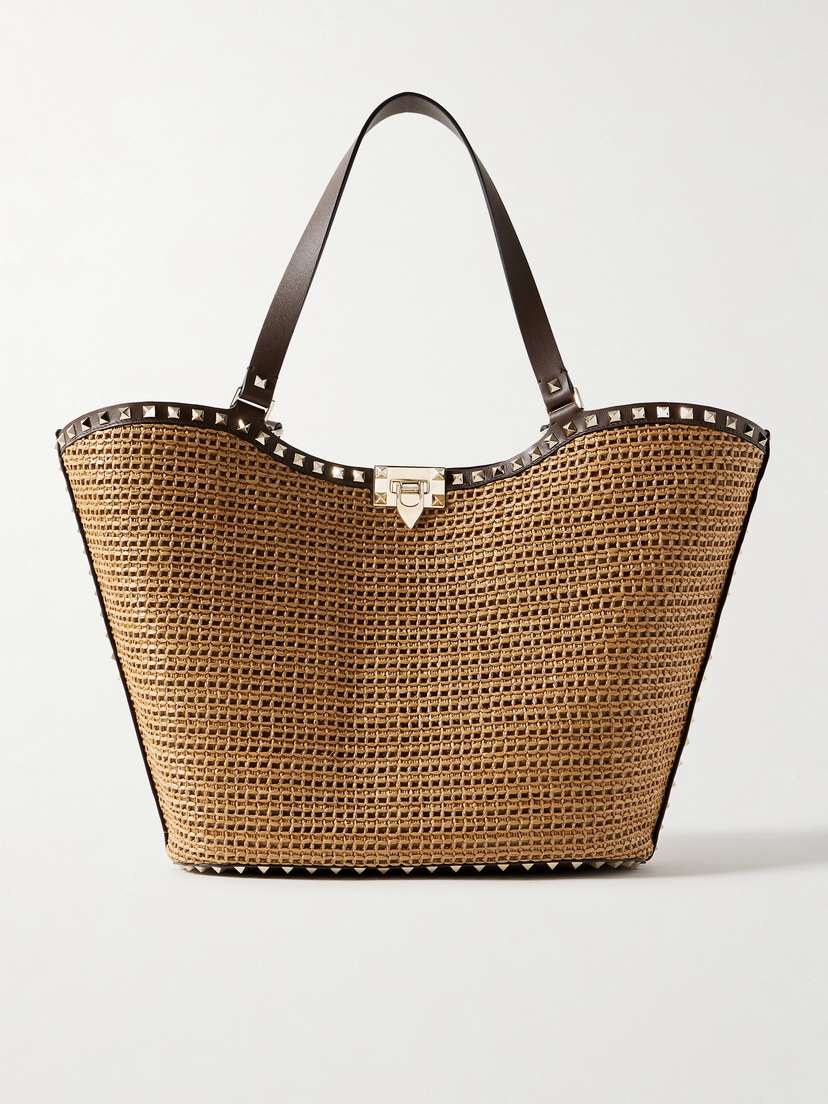 Valentino Garavani Rockstud Leather-trimmed Raffia Tote