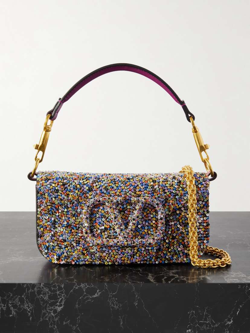 Valentino Garavani Locò Small Crystal-embellished Sequined Leather Shoulder Bag