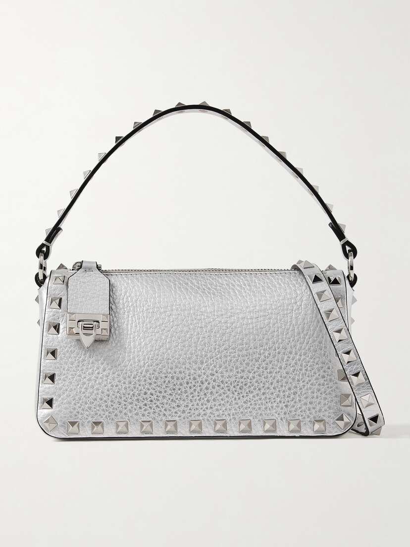 Valentino Garavani Rockstud Small Embellished Metallic Textured-leather Shoulder Bag