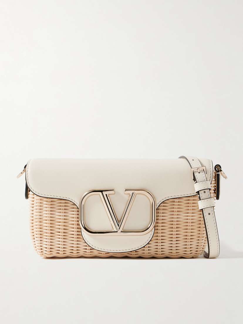 Valentino Garavani Locò Embellished Leather-trimmed Raffia Shoulder Bag