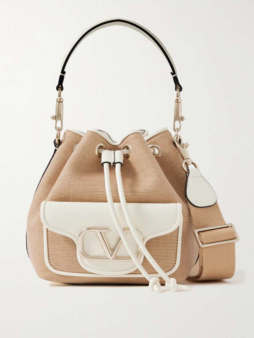 Valentino Garavani Locò Small Leather-trimmed Raffia Bucket Bag