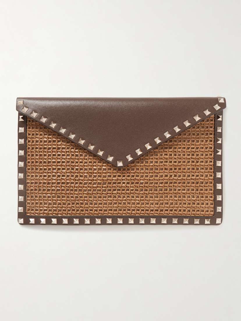 Valentino Garavani Rockstud Leather And Raffia Clutch