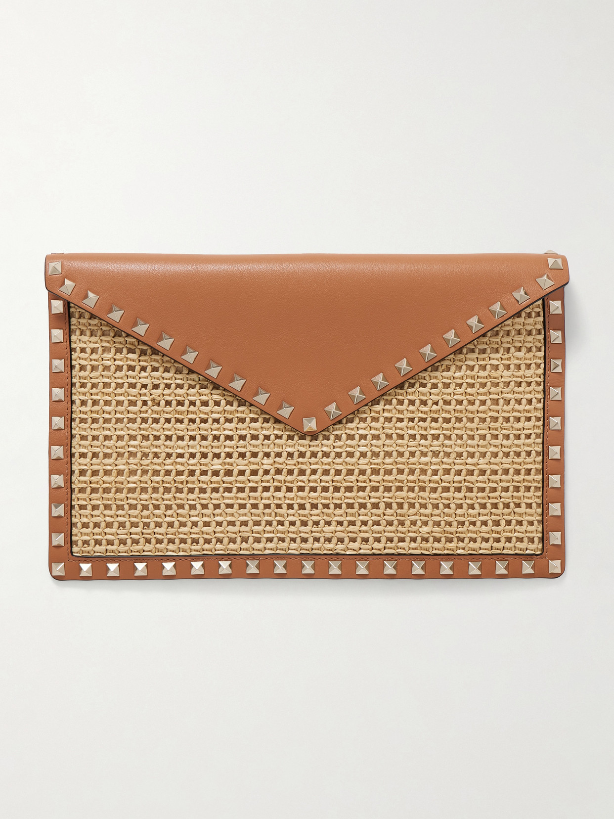 Shop Valentino Rockstud Leather And Raffia Clutch In Neutrals