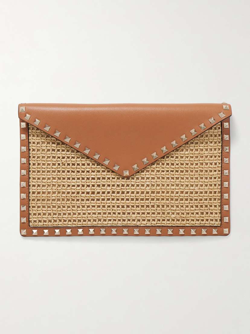 Valentino Garavani Rockstud Leather And Raffia Clutch