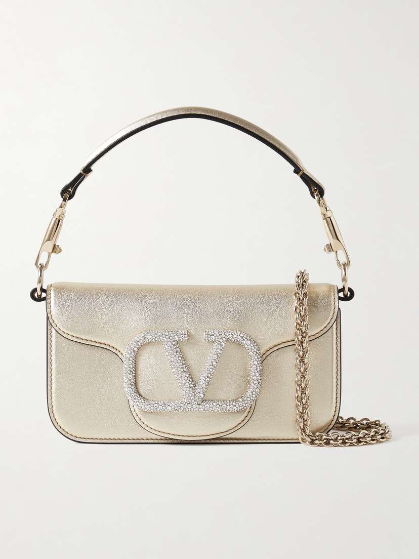 Valentino Garavani Locò Swarovski Small Crystal-embellished Metallic Leather Shoulder Bag
