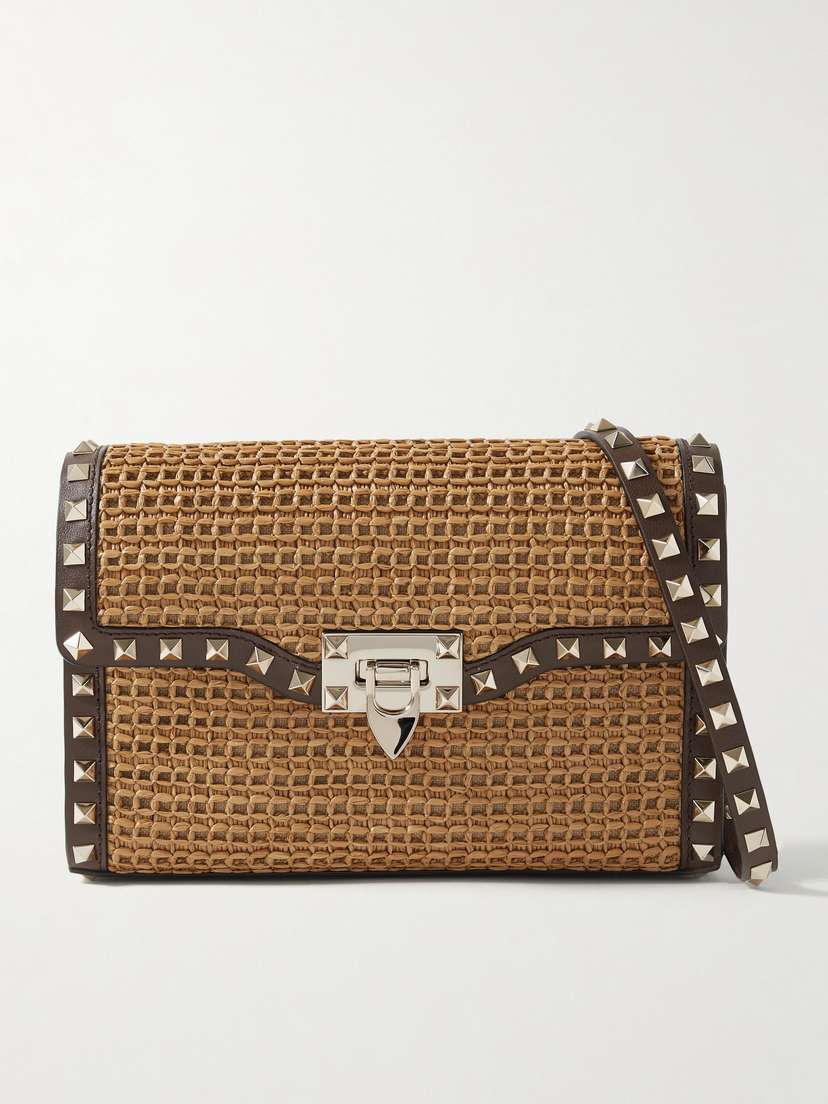 Valentino Garavani Rockstud Leather-trimmed Raffia Shoulder Bag