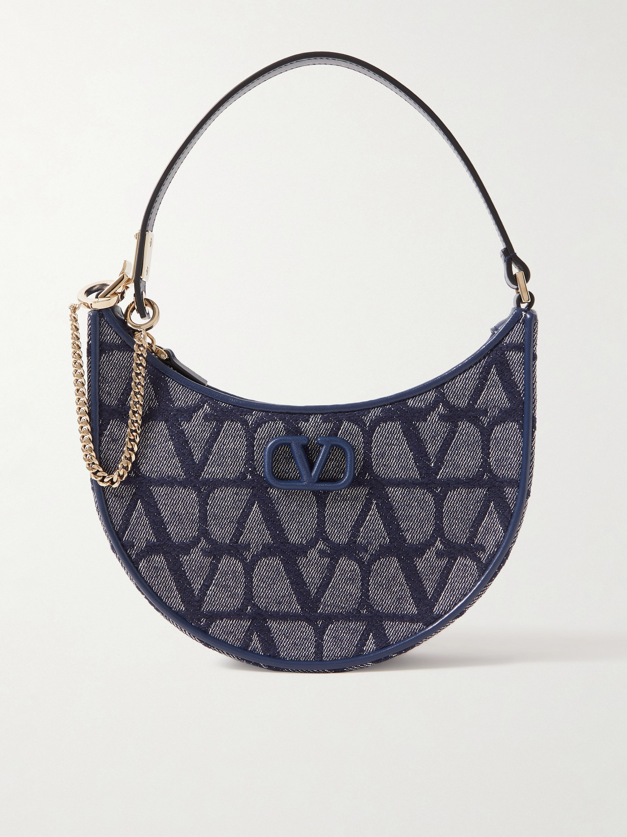 Valentino Garavani Vlogo Mini Leather-trimmed Denim-jacquard Shoulder Bag In Blue