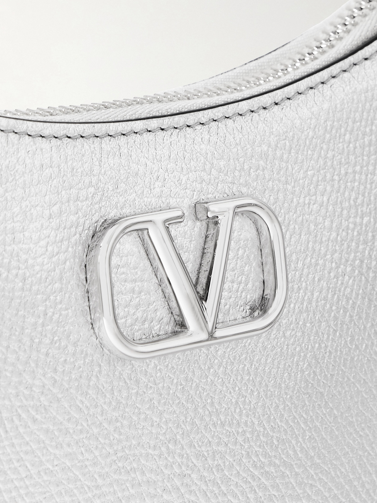 Shop Valentino Vlogo Mini Metallic Textured-leather Shoulder Bag In Silver