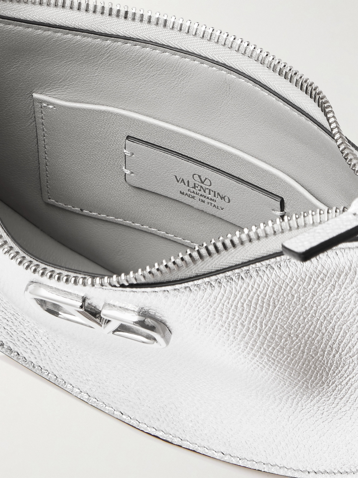 Shop Valentino Vlogo Mini Metallic Textured-leather Shoulder Bag In Silver