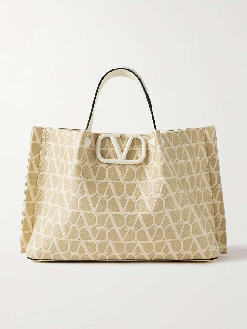 Valentino Garavani Vlogo Medium Leather-trimmed Raffia-jacquard Tote