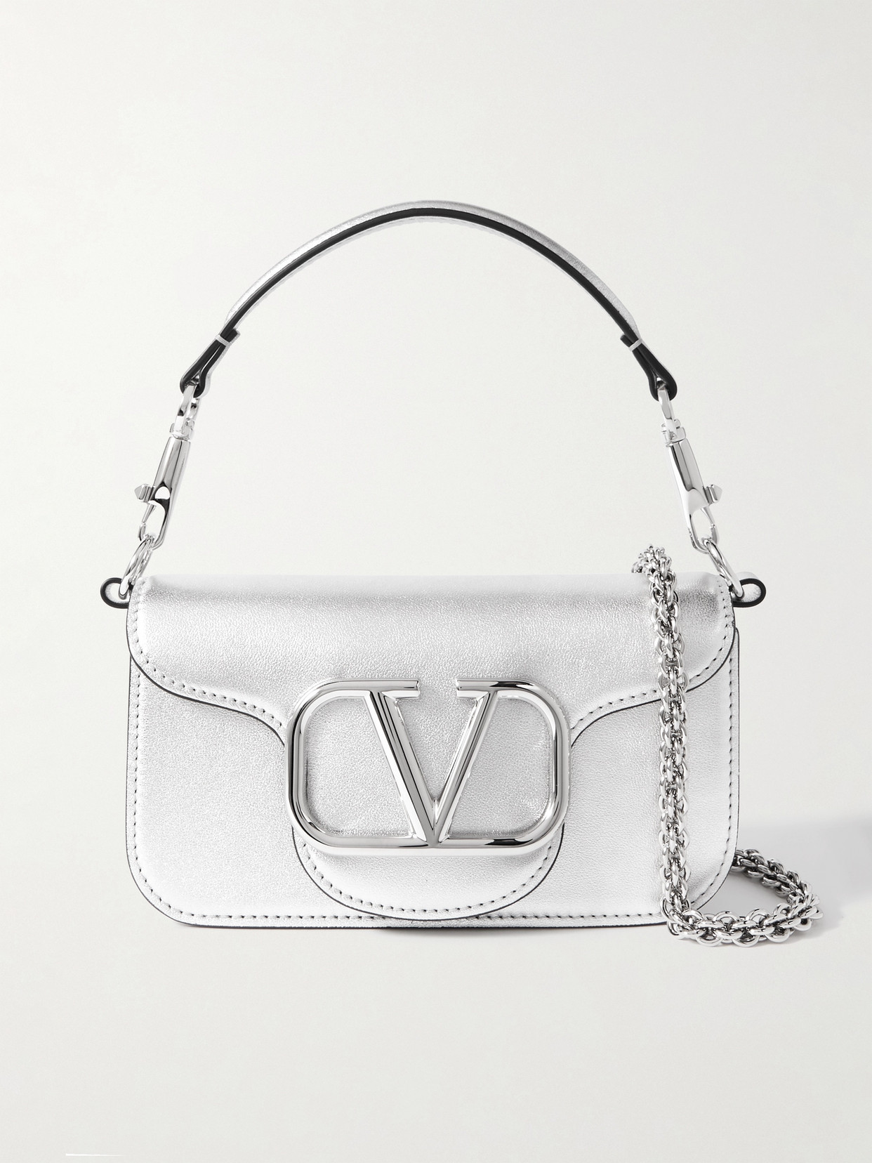 Valentino Garavani Locò Small Metallic Leather Shoulder Bag In Silver