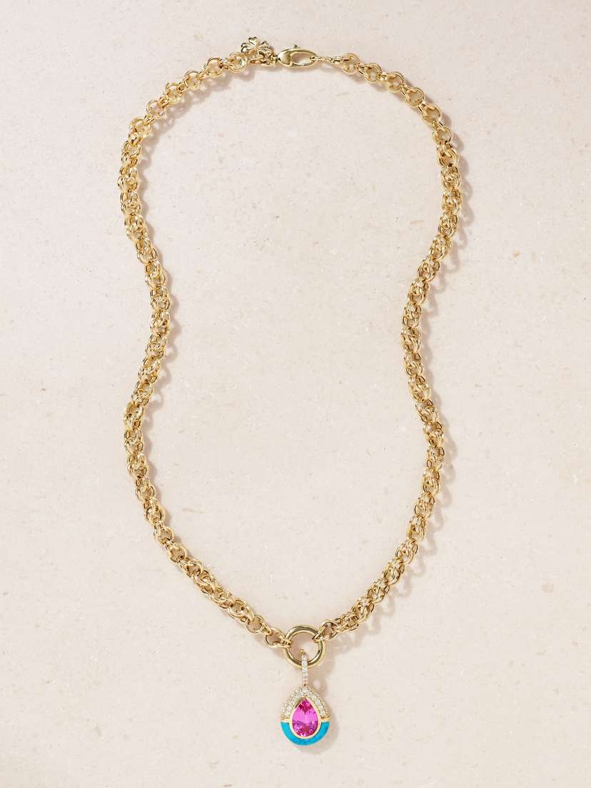 Mason and Books Droplet 14-karat Gold Topaz, Turquoise And Diamond Necklace