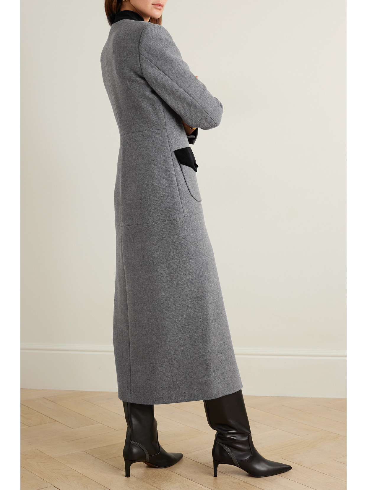 LIBEROWE + NET SUSTAIN VELVET-TRIMMED WOOL COAT