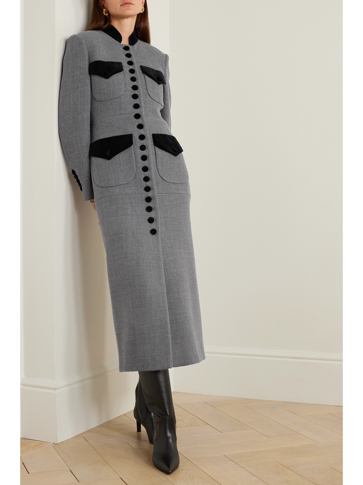 LIBEROWE + NET SUSTAIN VELVET-TRIMMED WOOL COAT