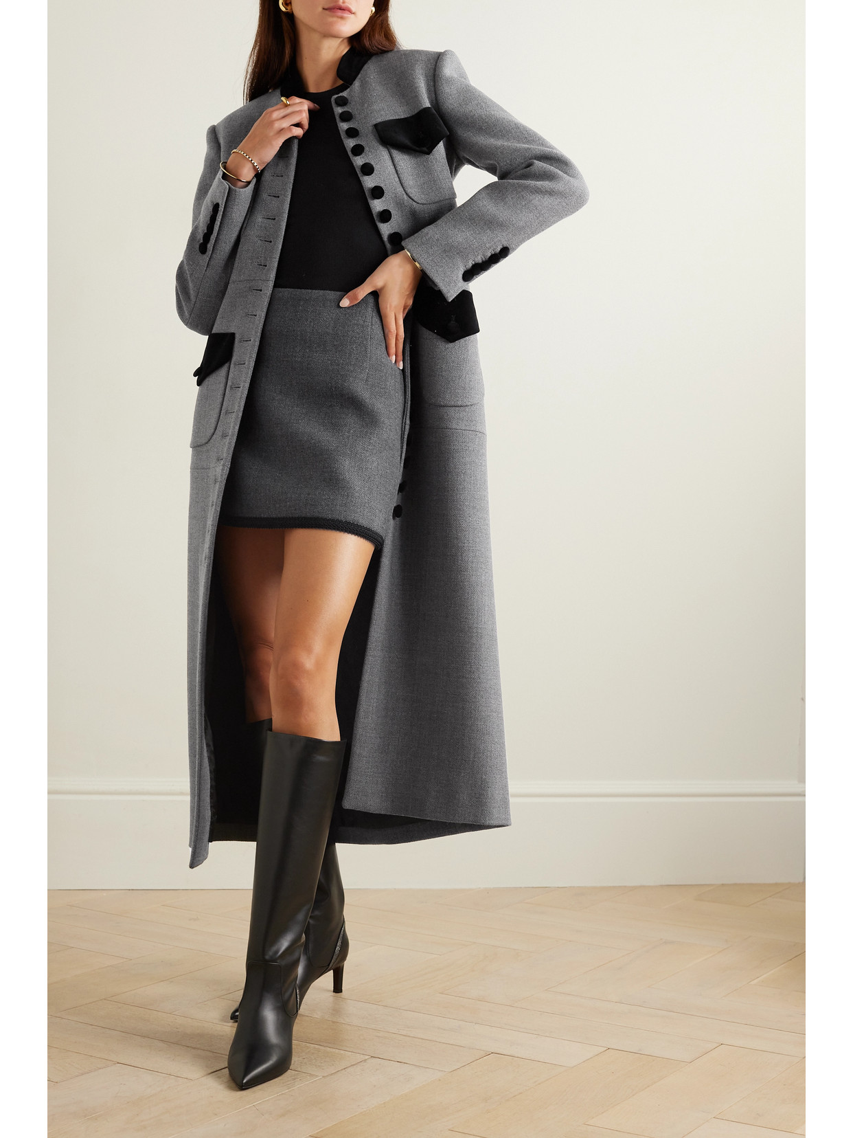 LIBEROWE + NET SUSTAIN VELVET-TRIMMED WOOL COAT