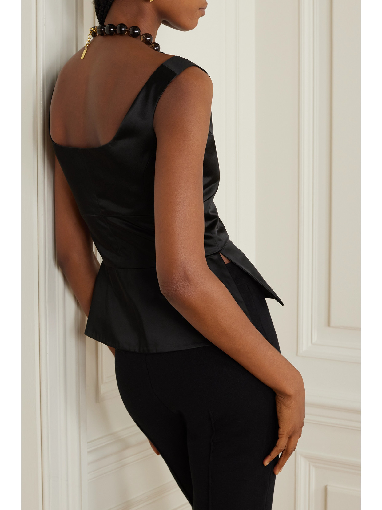 LIBEROWE + NET SUSTAIN OFF-THE-SHOULDER DUCHESSE COTTON-BLEND SATIN PEPLUM TOP