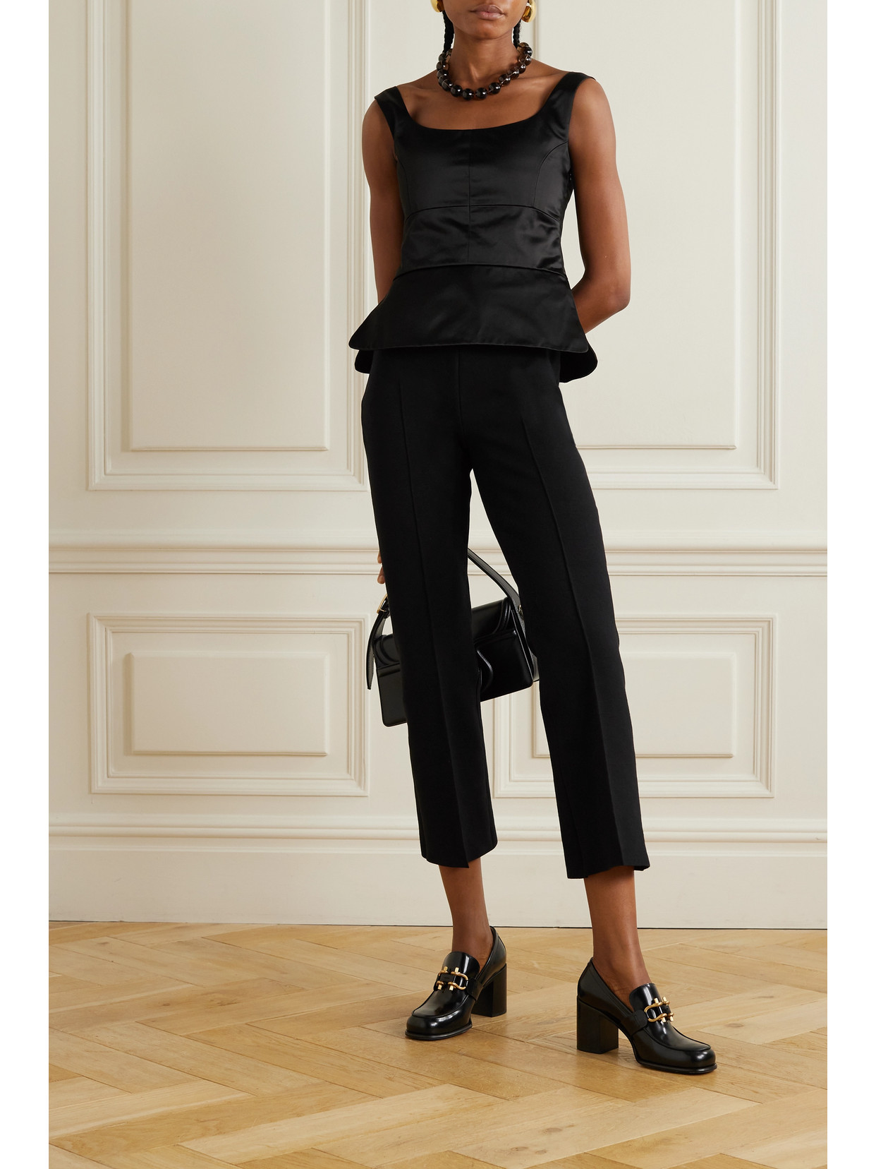 LIBEROWE + NET SUSTAIN OFF-THE-SHOULDER DUCHESSE COTTON-BLEND SATIN PEPLUM TOP