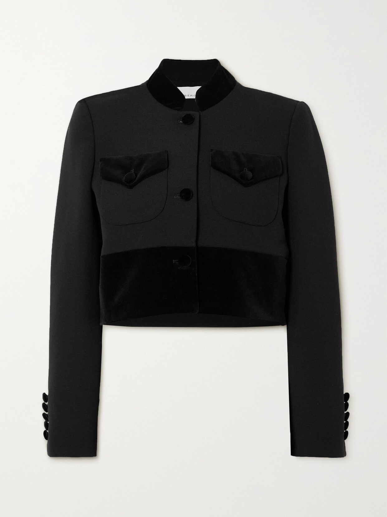 Liberowe + Net Sustain Raja Cropped Cotton Velvet-trimmed Wool Jacket In Black