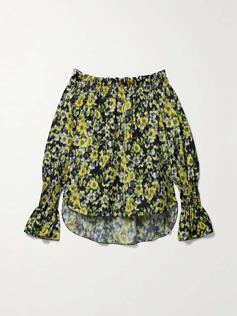 Adam Lippes Sade Off-the-shoulder Shirred Floral-print Silk-taffeta Top - x large