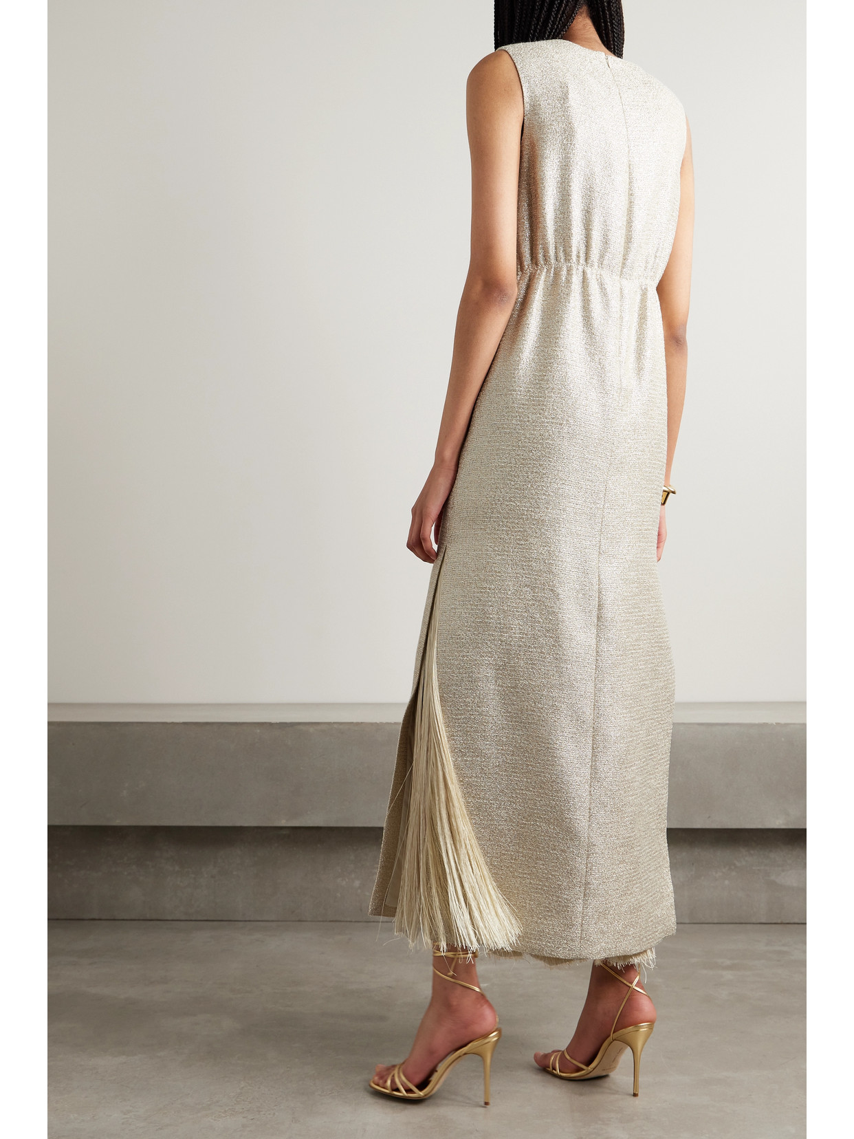 Adam Lippes Fringed Metallic Tweed Maxi Dress In Metallic