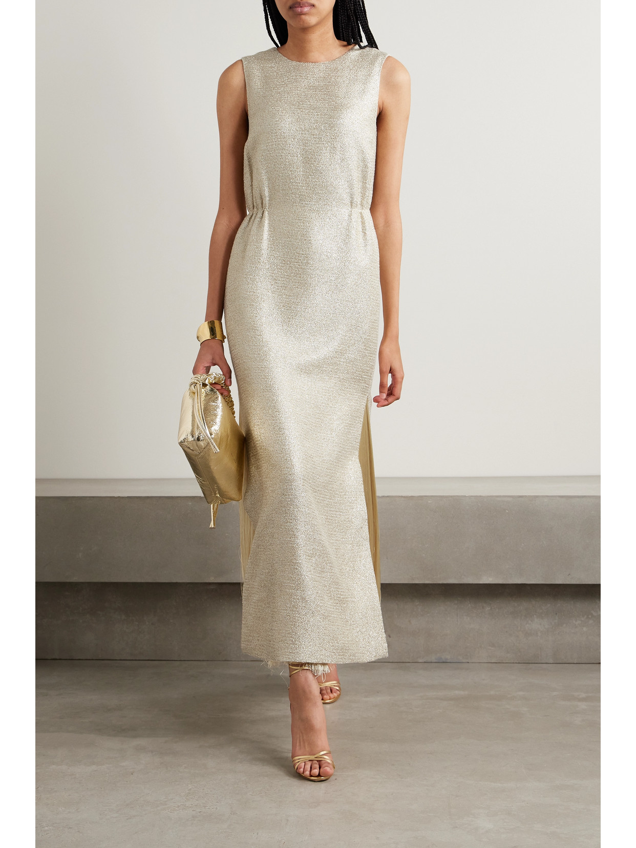 Adam Lippes Fringed Metallic Tweed Maxi Dress In Metallic