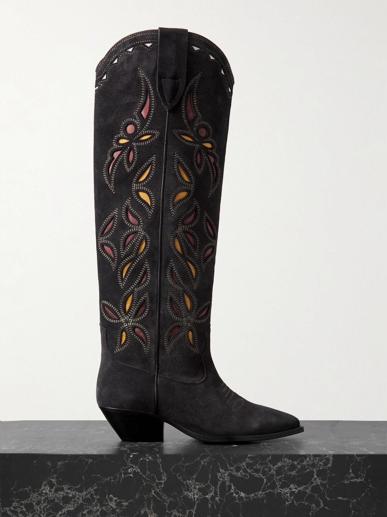 Isabel Marant Denvee Cutout Embroidered Leather-trimmed Suede Knee Boots In Black