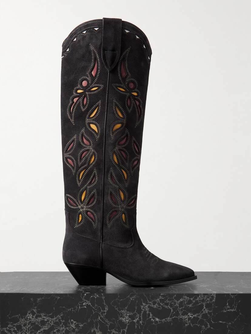Isabel Marant Denvee Cutout Embroidered Leather-trimmed Suede Knee Boots