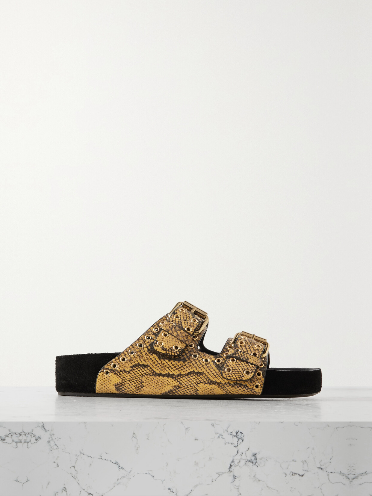 Shop Isabel Marant Lennyo Eyelet-embellished Snake-effect Leather Slides In Yellow