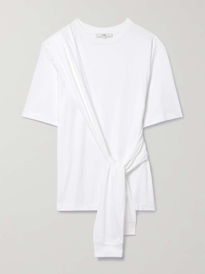 Tibi Tie-detailed Cotton-jersey T-shirt